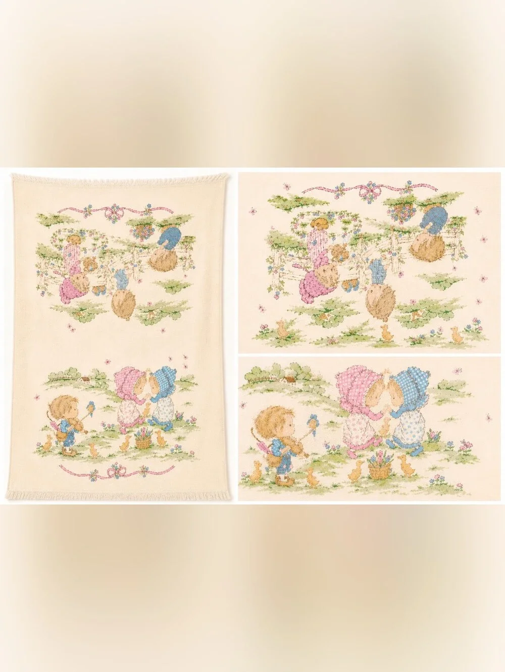 Vintage 1975 Betsey Clark for Martex Bath Towel Hallmark Fringed Ivory Garden